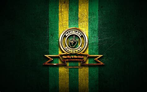 Mamelodi Sundowns FC, golden logo, Premier Soccer League, green metal background, HD wallpaper ...