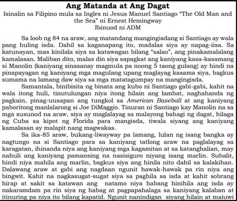 [Solved] Nobela: . Ang Matanda at Ang Dagat Isinalin sa Filipino mula ...