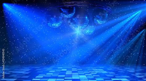 Blue disco dance floor with mirror balls, lattice circle and spot lights. 3d render. | Disco ...