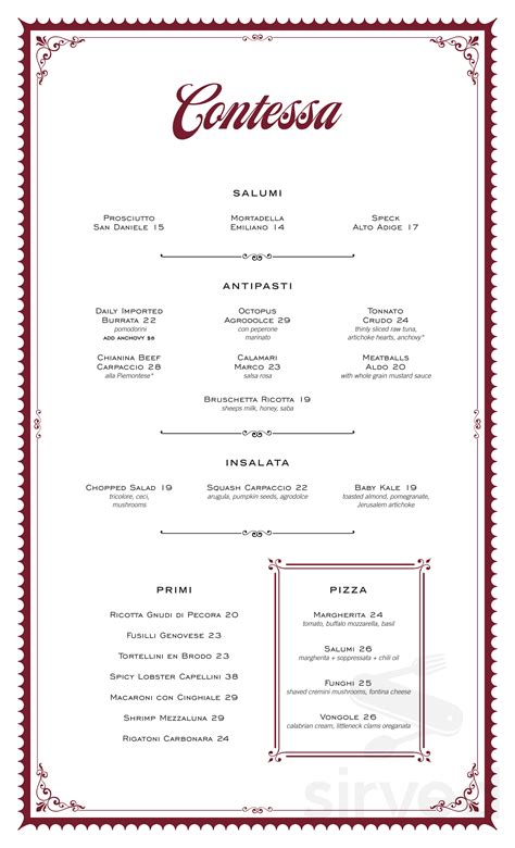 Contessa menu in Boston, Massachusetts, USA