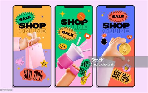 Online Shopping Marketing Promo Stories Template Set With Bright Colored Shopping Elements And ...