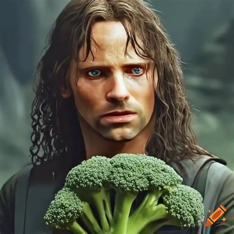 Aragorn with a stalk of broccoli looking sad on Craiyon