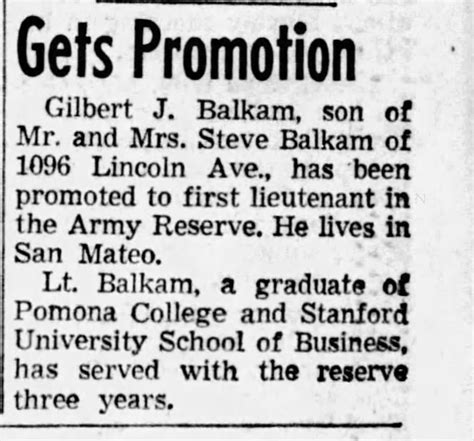 Gilbert James Balkam promoted to first lieutenant in the Army Reserve. - Newspapers.com™