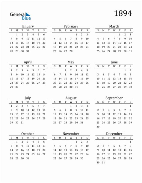 Free 1894 Calendars in PDF, Word, Excel