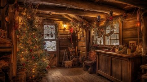 Premium AI Image | A christmas tree is in a log cabin with a fireplace and a fireplace