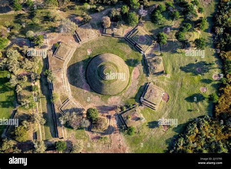 Aerial view of the Guachimontones, a pre-columbian archaeological site ...