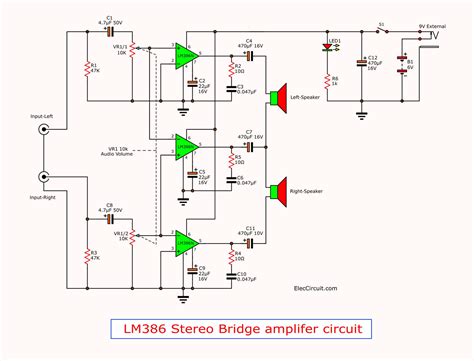 LM386 stereo amplifier in bridge 2 watts | ElecCircuit.com