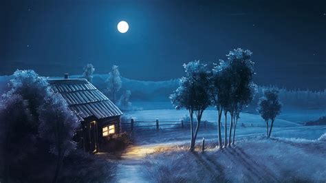 Painting, moon, stars, night, forest, trees, house Wallpaper ...