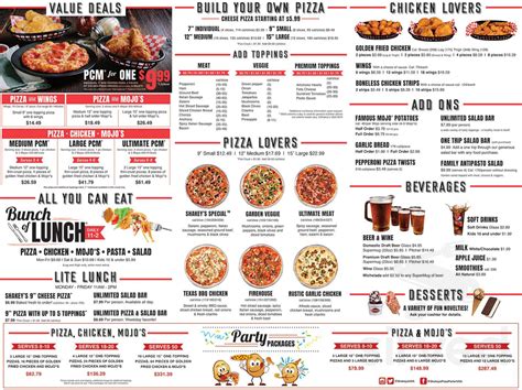 Shakey's menu in Beavertown, Pennsylvania, USA