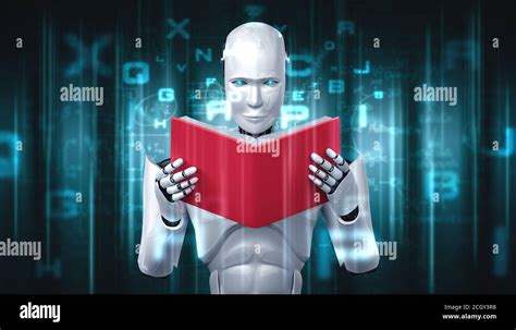 3D illustration of robot humanoid reading book in concept of future artificial intelligence and ...