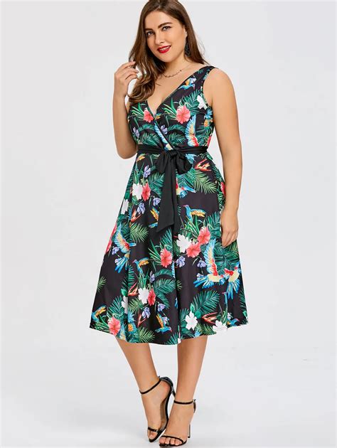 Gamiss Plus Size 5XL Hawaiian Leaf Belted Midi Dress Women Sleeveless V ...