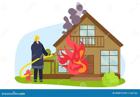 Firefighter Extinguishing Fire at Burning House with Hose. Emergency Service in Action at ...