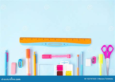 Flat Lay from a Variety of Stationery on a Blue Background Stock Image - Image of flatlay ...