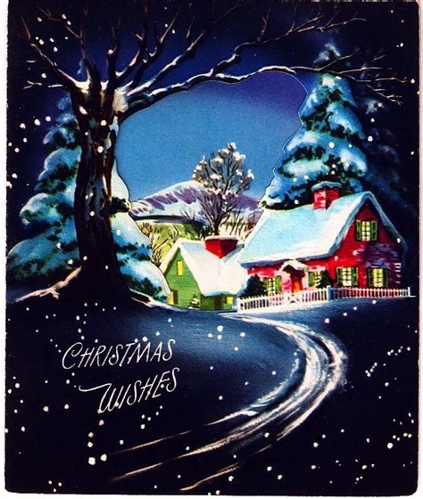 Vintage Christmas Card Winter Scene Pretty House Driveway Trees Snow ...