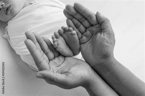 Black and white shade beautiful shape hands of mother, hold tiny newborn baby feet on black ...