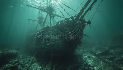 Abandoned Ship Wreck in the Sea, Underwater Landscape Stock Image ...