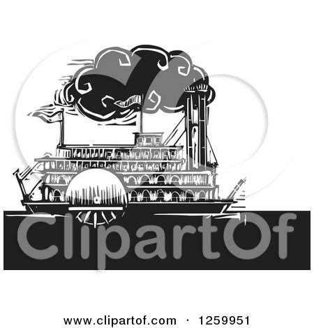 Clipart of a Black and White Woodcut Steamboat - Royalty Free Vector ...