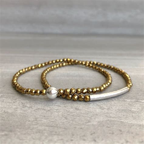 Gold Hematite Bracelet | Faceted Crystal Stretch Bracelet with Silver ...