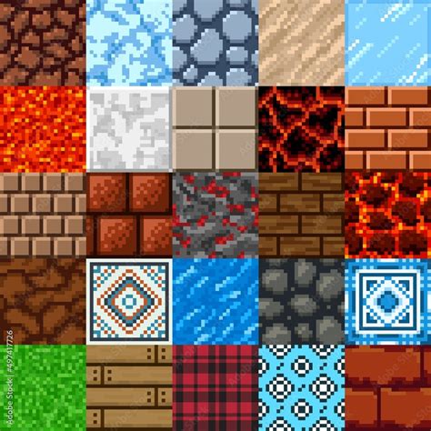 Retro 8 bit pixel art game surface patterns set. Vector stone, ground ...