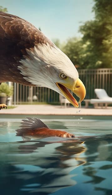 Premium AI Image | An eagle swims in a pool with a fish in its beak.