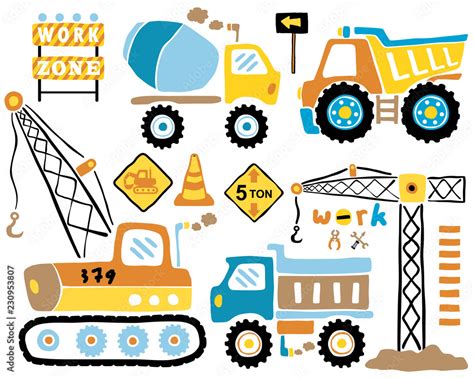 Vector set of construction vehicles cartoon illustration. Stock Vector ...