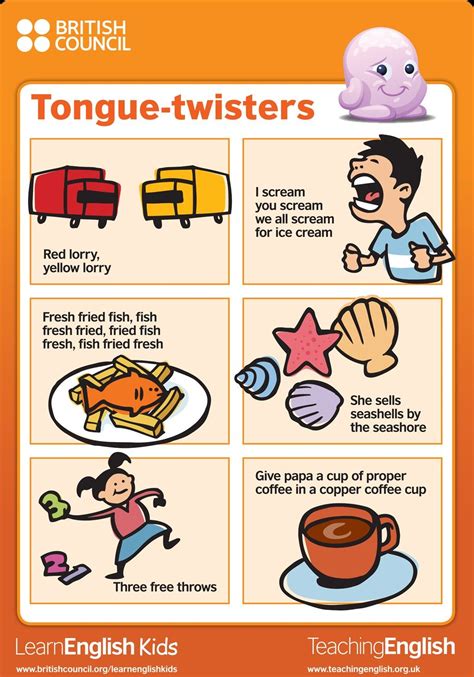 an orange poster with instructions on how to use tongue - twisters for teaching english