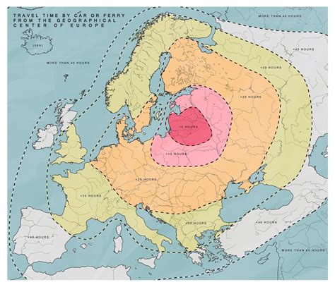 Travel time by car or ferry from the geographical center of Europe | Map, World map europe ...