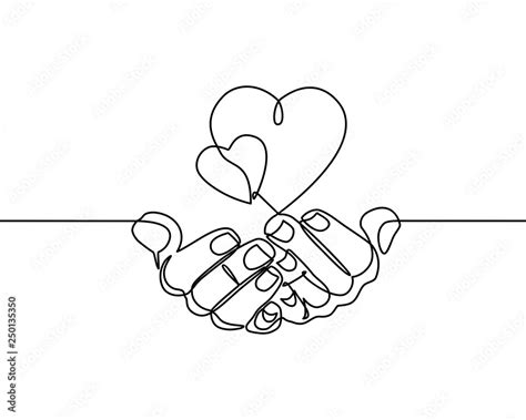 Continuous one line drawing. hands holding heart on white background. Black thin line of hand ...