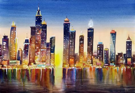 City Night Skyline Painting by Samiran Sarkar | Saatchi Art