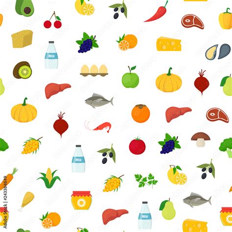 Cartoon Healthy Food Signs Seamless Pattern Background. Vector Stock Vector | Adobe Stock