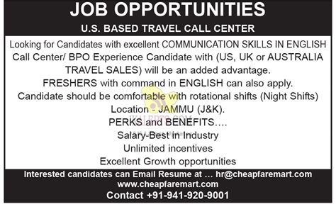 Jobs in U.S Based Travel Call Center | JKAlerts JK Updates.