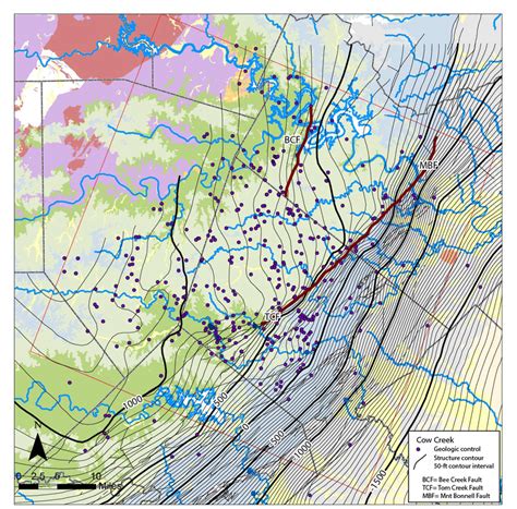 Structure contour map of the top of the Cow Creek Formation. Units are... | Download Scientific ...