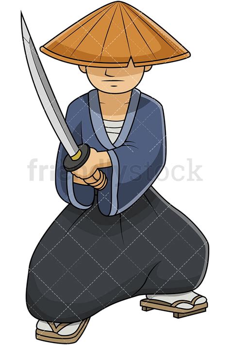 Japanese Samurai Wearing Straw Hat Cartoon Vector Clipart - FriendlyStock