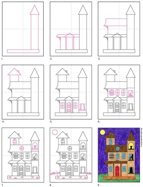 Step By Step Haunted House Drawing - PELAJARAN