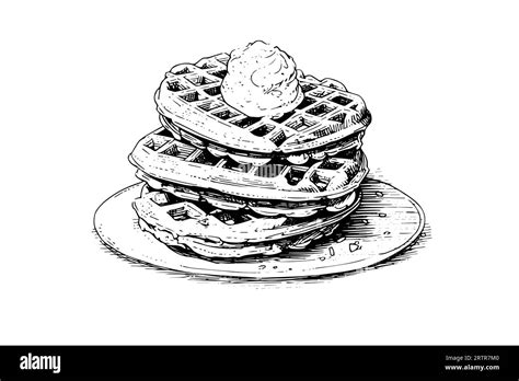 Waffles with ice cream hand drawn ink sketch. Engraving style vector ...