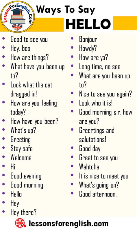 Ways To Say Hello, English Phrases Examples Good to see you Hey, boo How are things? What have ...