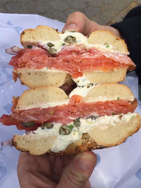 Everything bagel, veggie cream cheese, lox, capers with tomato and onion - Russ and Daughters ...