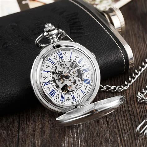 Silver Magnifying Transparent Mechanical Pocket Watch Fob Chains Skeleton Steampunk Hand Winding ...