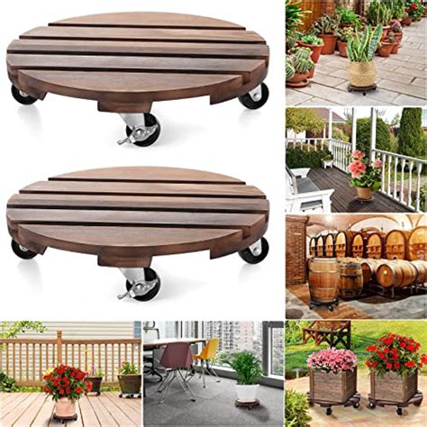 2pack 12" Plant Caddy Plant Stand with Wheels Rolling Plant Stand Heavy Duty Wooden Round Plant ...