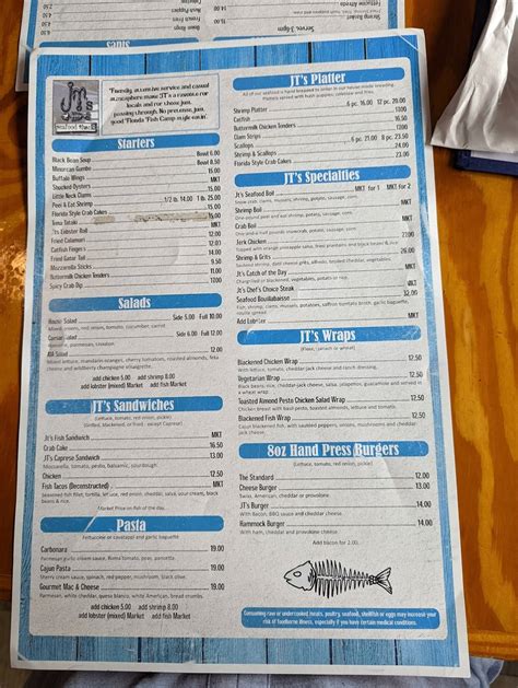 Menu at JT's Seafood Shack restaurant, Palm Coast