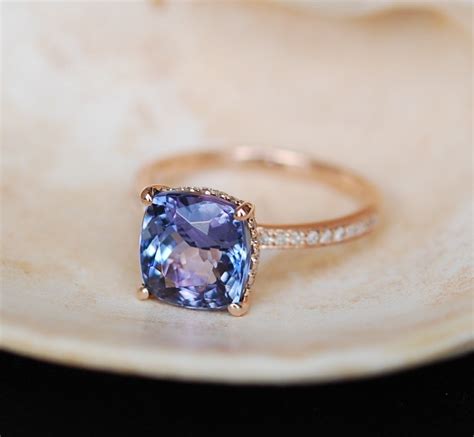 Tanzanite Ring. Rose Gold Engagement Ring Lavender Blue Tanzanite cushion cut engagement ring ...