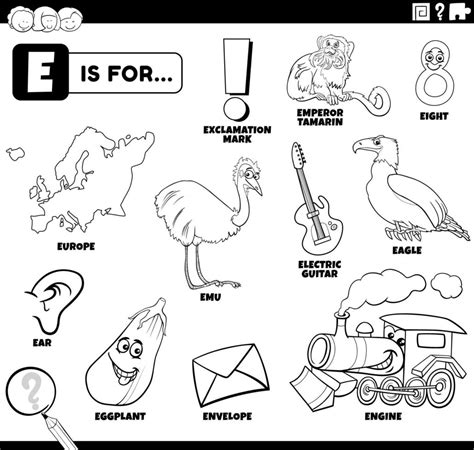 letter e words educational set coloring book page 7048125 Vector Art at Vecteezy