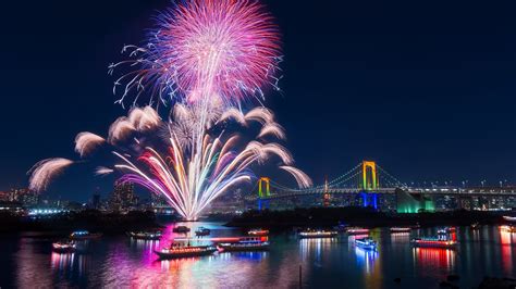 Tokyo, city, fireworks, beautiful night, bay, bridge, illumination ...