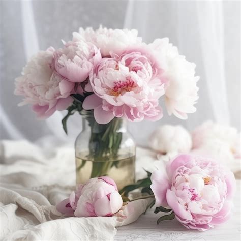 Premium AI Image | A vase of pink and white peonies sits on a table.