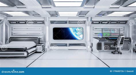 Futuristic Science Fiction Bedroom Interior with Planet Earth View in Space Station, 3D ...