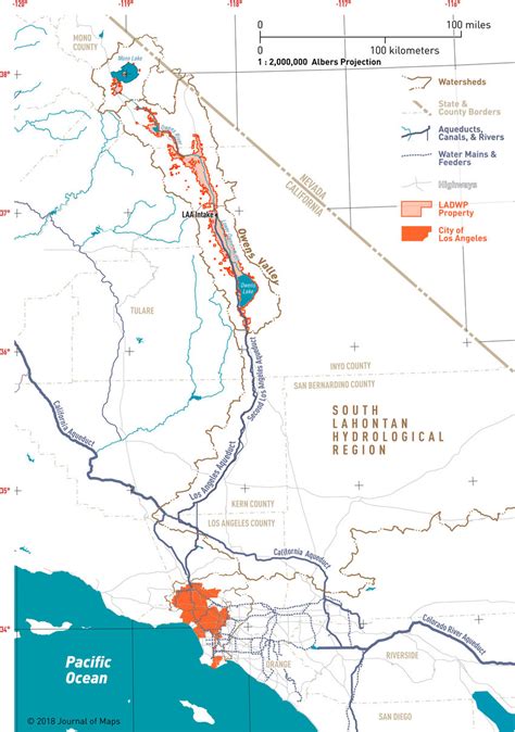 Map of Los Angeles, its Aqueduct, and the expanse of property owned by ...