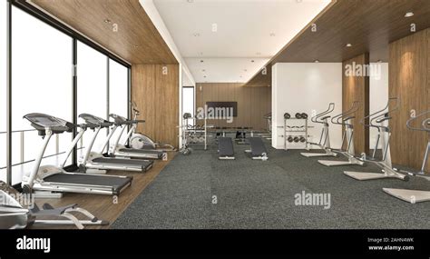 3d rendering wide fitness and gym with luxury wood decor Stock Photo ...