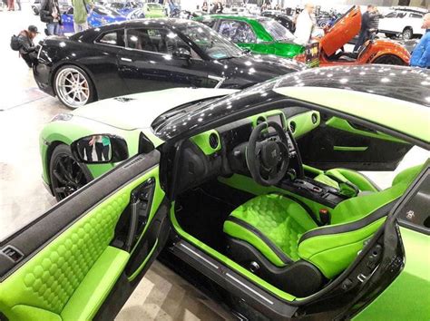 Nissan GT-R custom interior lime green and black hexagon stitch pattern