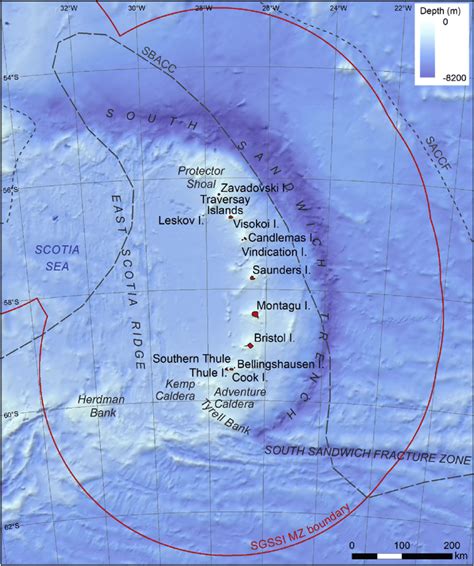 Map of the South Sandwich Islands region, showing the key features and... | Download Scientific ...