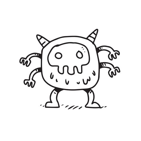 a hand drawn illustration of a cute monster with mask and four hands. cute doodle cartoon ...